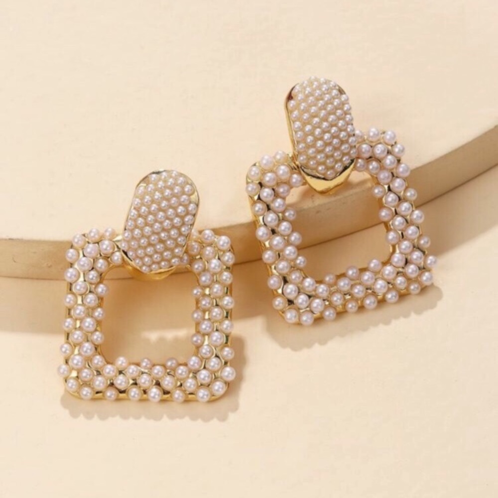 ZARA Pearl Earrings Square Doorknocker Large Gold - Picture 2 of 6